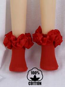 1 Pair Cotton Baby Girls' Socks With Big Lace Ruffle Trim, Princess & Ballet Dance Socks - Red - View 9