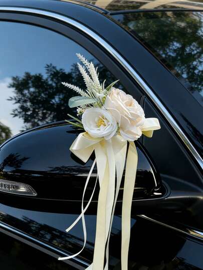 婚礼车后视镜鲜花装饰、花环、蝴蝶结丝带装饰，适用于婚礼车门把手