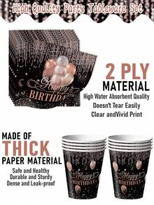 168pcs Rose Gold-Themed Birthday Party Tableware Set, Paper Plates Made Of 350g Thick Paper, Black Paired With Rose Gold Balloons, Making The Party More Exquisite, Can Serve 24 Guests At The Same Time - Nhiều màu - Xem 3