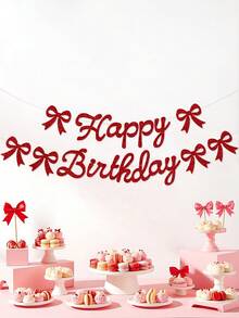 闪光“生日快乐”拉旗，红色蝴蝶结生日横幅，生日派对装饰拉旗，蝴蝶结生日主题拉旗，蝴蝶结生日派对装饰 - 紅色 - 查看 8
