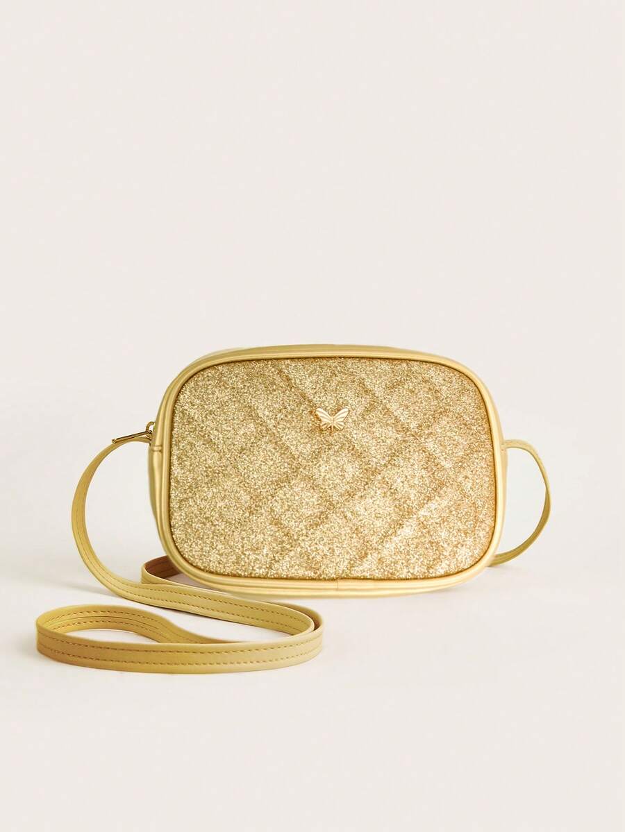 1pc Girls White PU Quilted Plaid Square Crossbody Bag, Fashionable For Daily Use - Gold - View 1