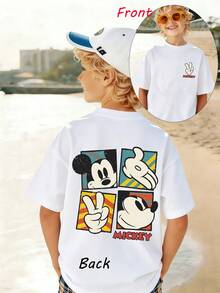 1pc Disney Mickey Mouse Double-Sided Playful Graffiti-Style Portrait & Gesture Print Tween Boys Cool Casual T-Shirt, Skin-Friendly & Easy To Clean, Perfect For Daily Play And Outdoor Trips - 白色 - 查看 1
