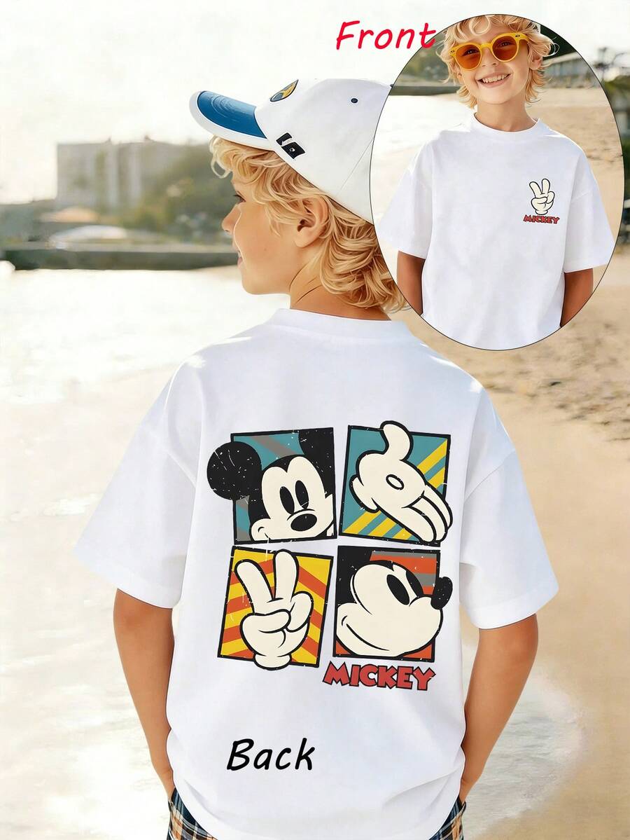 1pc Disney Mickey Mouse Double-Sided Playful Graffiti-Style Portrait & Gesture Print Tween Boys Cool Casual T-Shirt, Skin-Friendly & Easy To Clean, Perfect For Daily Play And Outdoor Trips - 白色 - 查看 1