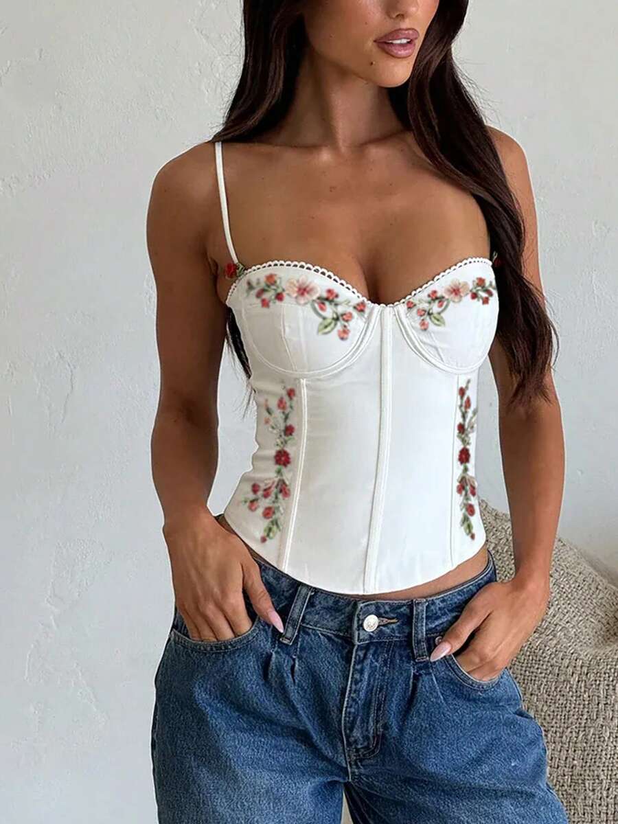 Women's Slim-Fit Lace-Trimmed Neckline Embroidered Bustier Camisole Top, Women's Street Style Slim-Fit Top. - 白色 - 查看 1