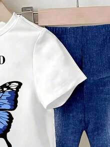 Bộ áo thun denim in họa tiết cho bé gái, quần ống loe in hình bướm, chữ in màu xanh dương, dễ thương và năng động, bộ 2 món đa năng, phù hợp cho các chuyến đi chơi, mọi mùa. - Màu xanh lam - Xem 5