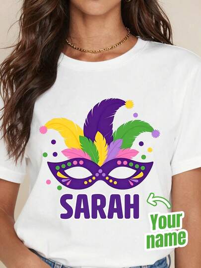 Customized Women's Round Neck Short Sleeve Top, Add Your Favorite Photo And Text (Girlfriend Photo/Couple Photo/Family Photo/Selfie/Pet Photo/Friend Photo) For Design, Suitable For Daily Wear, Family Gatherings, Group Outfits