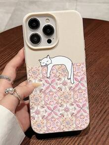 Patterned Cat Illustration Art Phone Case, Cream White Faux Leather Texture Hard Shell Material, High-Precision Hand-Drawn Style Printing Process, Delicate Leather Embossed Texture, Warm And Skin-Friendly Touch, Full Of Life And Healing Feeling; Lens Module Area Equipped With Thickened Silicone Protection Ring, Precisely Fitting Camera Protrusion, Providing Full Lens Protection; Outer Shell Edge With Soft Cushioning Wrap, Combining Anti-Drop Performance And Comfortable Grip; - Multicolor - View 4