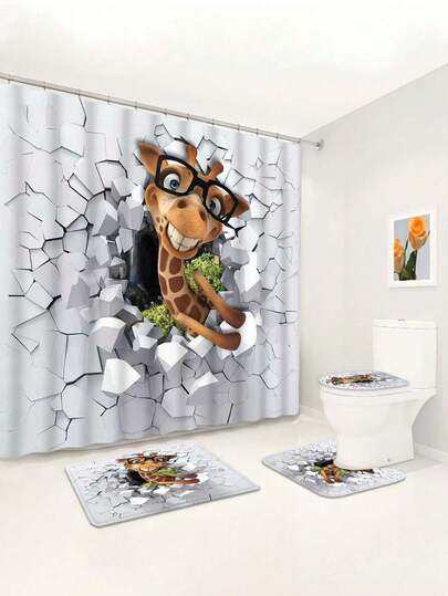 1/4 Pcs Cartoon Giraffe & Ocean Element Waterproof Shower Curtain, Non-Slip Bath Mat, Toilet U-Shaped Mat, Modern Home Bathroom Decor, Includes 12 Hooks, Waterproof Polyester Fabric, Machine Washable, Suitable For Hotel, Apartment, Home, Great Gift Idea For All Seasons