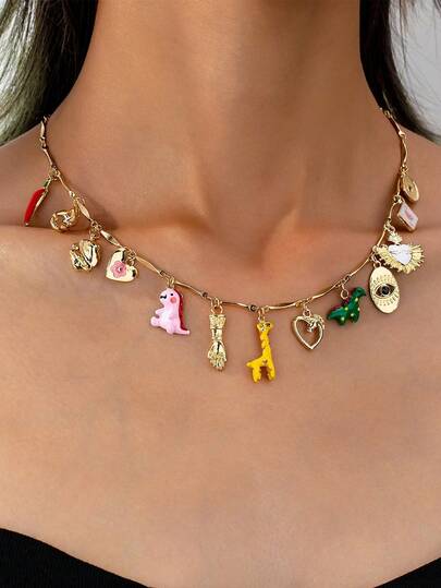 1pc Heart Locket Multi Charms Necklace, Handmade Enameled Chili Pepper, Cowboy Hat, Boots, Heart Charm Necklace, Evil Eye & Bow Charms Jewelry (Shape And Color Have Random Variations)