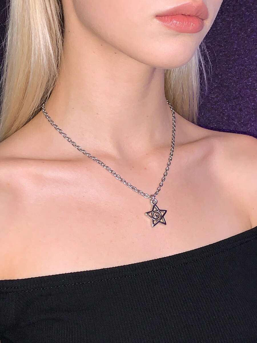 1pc Fashionable Minimalist Swirl Star Necklace, Versatile Star Choker Necklace For Women - Silver - View 1