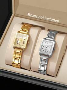 2pcs/Set Women's Fashion Casual Square Dial Quartz Wrist Watch With Steel Band, Stylish & Elegant Timepiece (Watch Box Not Included) - Multicolor - View 11