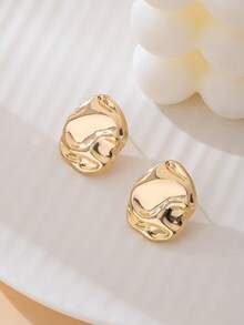 1对不对称几何金属褶皱纹理金色耳钉（女士款，不含礼盒） - 金黃色 - 查看 4