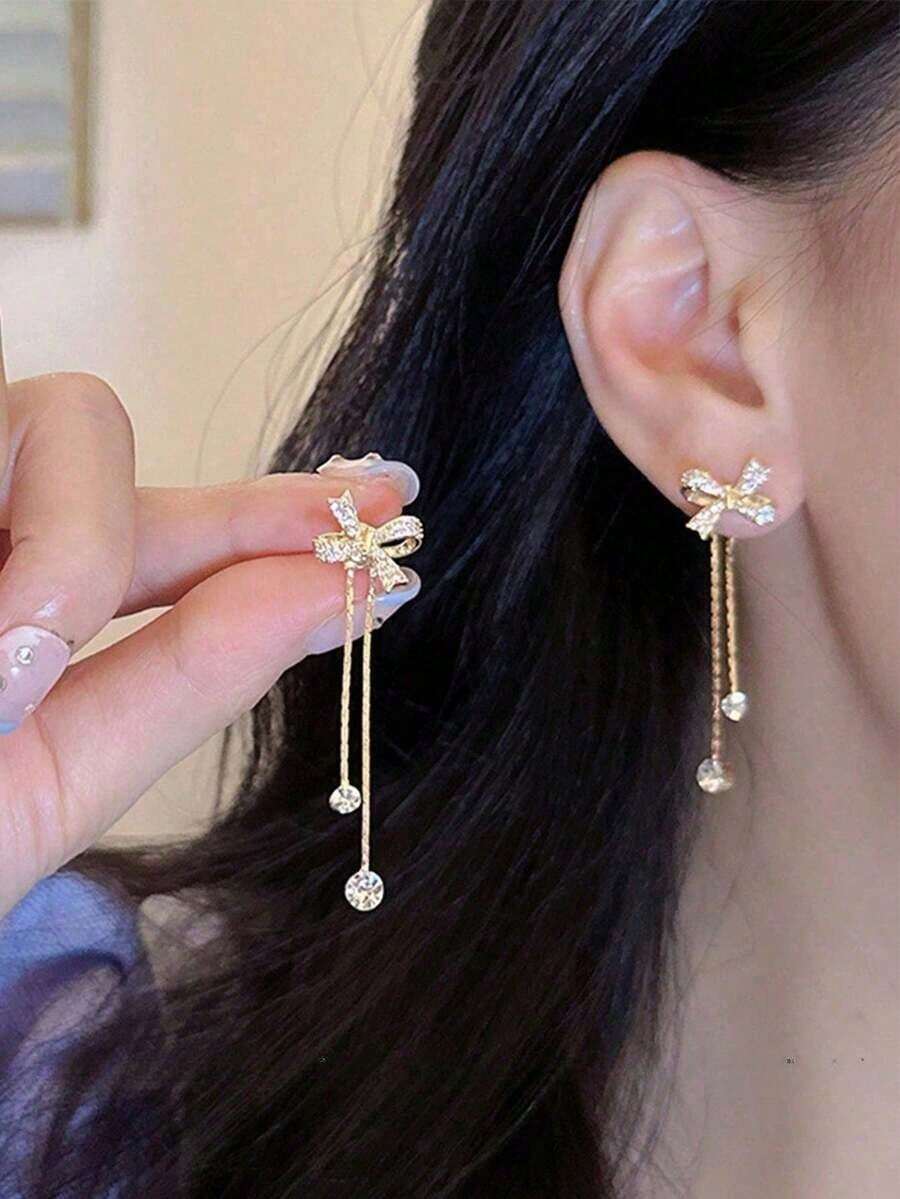 Cute Bow Earrings With Tassel, Fresh And Simple Design Versatile Women Jewelry,2 Pairs Of Women's Earrings,Fashionable Teardrop Shaped Women's Earrings. (Random Style)(Random Delivery) - 隨機的 - 查看 1