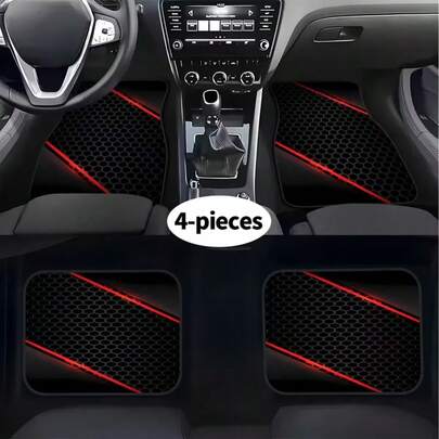 4pcs Car Floor Mats Set, Red & Black Grid Pattern, Easy To Clean, Suitable For Cars, Trucks, SUVs Fashion Interior Protection, Quality Polyester Fiber Mats For All Seasons, Great Gift For Christmas And Halloween