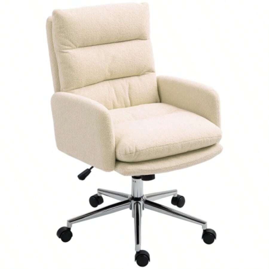 Ergonomic Office Chair With Armrests, Lambswool Look, Swivel And Height Adjustable With Rocking Function, Upholstered In Cream White Fabric, Ideal For The Home Office. - Apricot - View 1