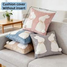 1pc Easter Bunny Pillow Cover - 3D Tail & Handmade Bow, Embroidery Decor For Spring, Farmhouse Living Room & Bedroom, Easter Gift Idea - Pink - View 2