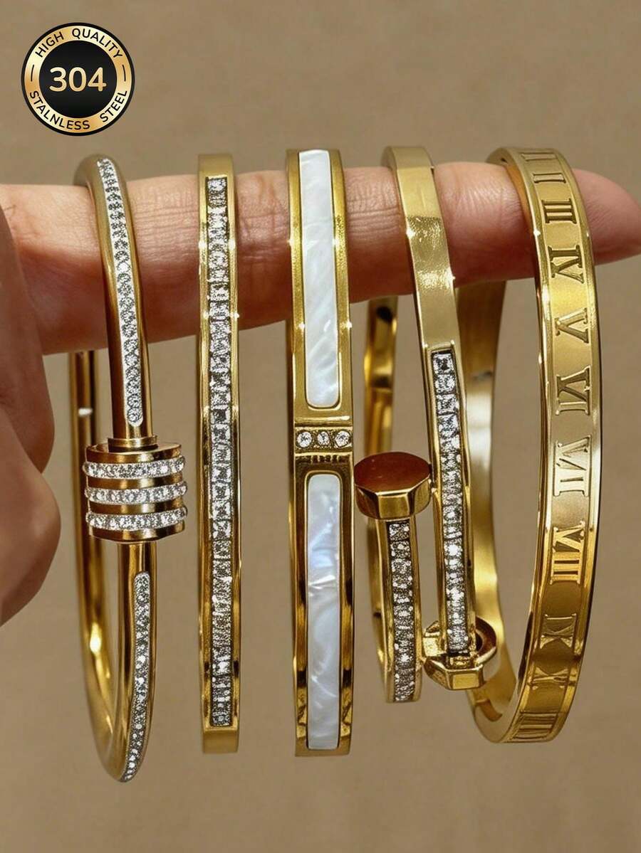 5pcs/Set Minimalist Elegant Luxury Sparkling Star Bangle Bracelets, Titanium Steel Bracelets With High-End Vibe For Women