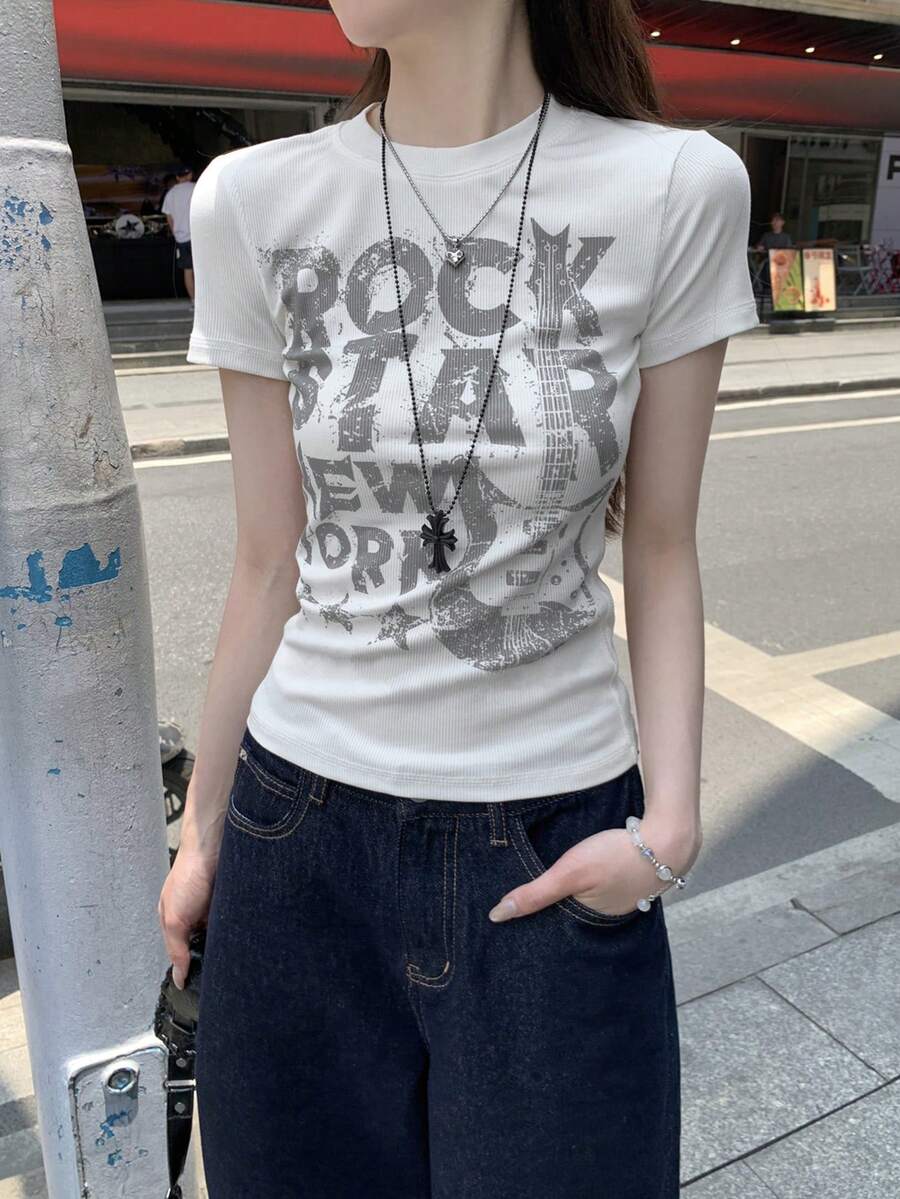Camiseta de manga corta ajustada y versátil con estampado para mujeres - Blanco - Ver 1
