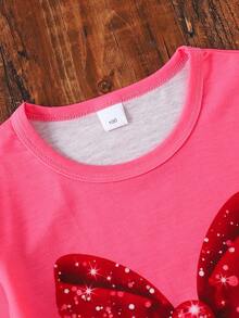 2件套女童夏季字母“LOVE”印花圆领T恤和沙滩短裤套装，休闲度假及上学装，4-7岁 - 玫紅色 - 查看 4