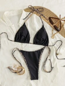 Summer Leopard Print Spaghetti Strap Sexy Tie-Up Bikini Set, Suitable For Beach Vacation - Black Leopard Print - View 2