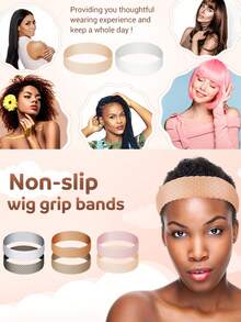 4pcs Nylon Wig Caps And Silicone Wig Grip Bands For Women, Seamless Non-Slip Adjustable Elastic (White, Light Brown, Skin Tone) - Multicolor - View 5