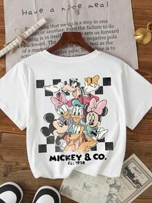 1pc Disney Mickey & His Pals Vintage Checkerboard Graphic Tween Boys Casual T-Shirt, Soft & Breathable, Ideal For Daily Wear And Weekend Outings - 白色 - 查看 3