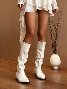 Ladies New Style.Fashionable Retro.Knee-High Heel Boots.Casual Boots.Red.Black.White - 白色 - 查看 3