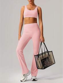 女士宽肩带U型后背健身运动文胸 - 粉色 - 查看 7