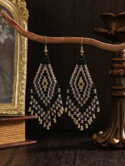 Handmade Bohemian Beaded Tassel Earrings, Vintage Style, Dark , Black, Colorful Blue, Golden Seed Bead Geometric Pattern, Swaying Tassel Pendant, Glass Seed Bead Handwoven Earrings, Elegant Fashionable Accessory, Suitable For Women's Vacation, Party, Casual Daily Wear, Versatile, Daily Gift, Perfect Gift For Her