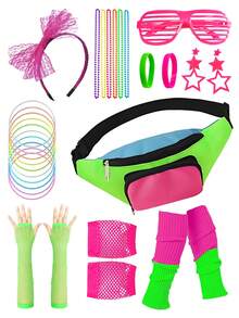 16Pcs D EXCEED 80s Accessories For Women Neon Retro1980s 90s Party Outfits Workout Costume Headband Fanny Pack Earrings Fishnet Gloves Necklace Bracelet Leg Warmer - Multicolor - View 8