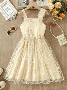 Đầm thanh lịch màu sâm panh thêu nơ cho bé gái, quà tặng ngày Quốc tế Bé gái, đầm chiffon mùa hè màu sâm panh thêu bướm cho bé gái, đầm hai dây có nơ trang trí cho bé gái. - Rượu sâm banh - Xem 3