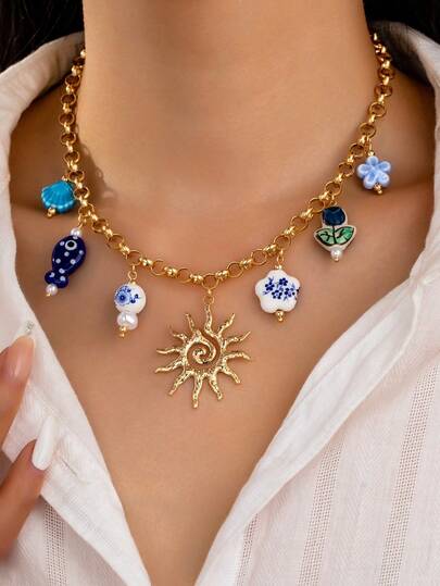 1 chiếc vòng cổ mặt dây chuyền hình tia nắng thủ công với vỏ sò mùa hè, mặt dây chuyền hình cá, mặt dây chuyền hoa tulip bằng gốm, phụ kiện trang sức du lịch (Hình dạng và màu sắc có thể khác nhau ngẫu nhiên)