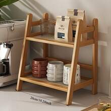 2-Tier Bamboo Countertop Storage Rack - Modern Cream Vintage Style, Trapezoidal Design, Wood Finish, Multipurpose Shelf For Dorms, Bedrooms, Offices And Kitchens, Vertical Shelf, Stand - 米色 - 查看 5