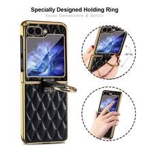 VIETAO Electroplating PC Material Finger Ring Holder Faux Leather Phone Case Compatible With Samsung Galaxy Z Flip 3 4 5 6 7 Mobile Cover With Tempered Glass Screen Protector - Black - View 2