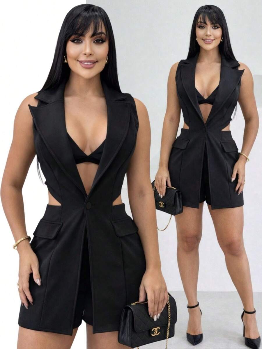 TETE FASHION Macaquinho Jardineira Colete Blazer Cropped Top Montaria Feminino 9151