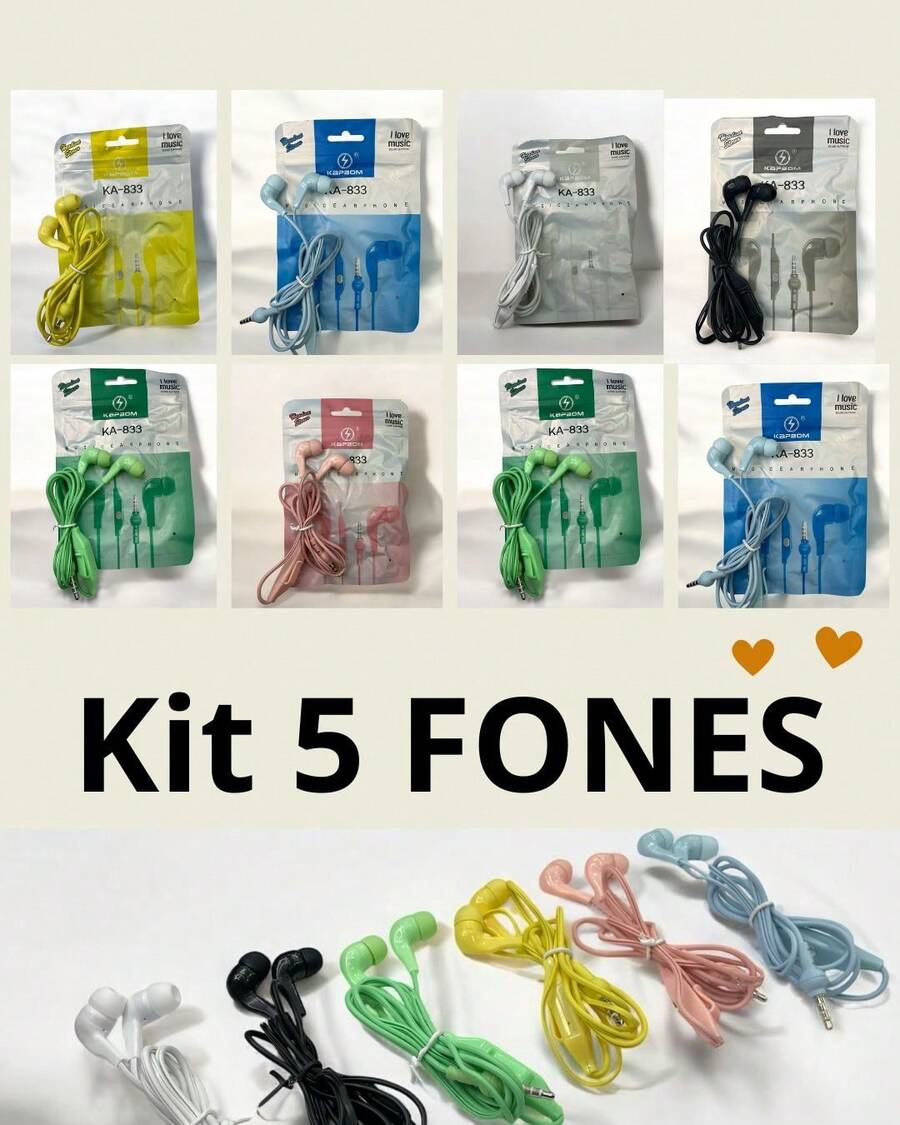 Kit 5pç Fone de ouvido com Microfone Colorido com fio Barato - Multicolorido - Visão 1