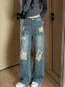 Women's Distressed Straight Leg Jeans Casual Spring - Medium Wash - View 2