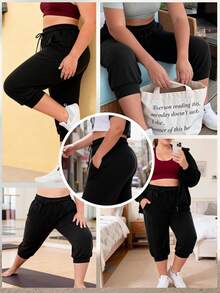 Pantaloni Capri pentru femei de mărime mare, cu talie și șnur, cu buzunare laterale, material confortabil, elastic, potrivit pentru activități casual și sport - Negru - Vizualizare 6