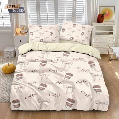 3-Piece Coffee Cup Pattern Bedding Set, 1 Duvet Cover And 2 Pillow Shams (Without Fillings), High-Definition Dyeing, 100% Polyester Fabric, Soft And Comfortable, Zipper Closure, Machine Washable, Suitable For Home Bedroom, Guest Room, Travel Camping And Dormitory.