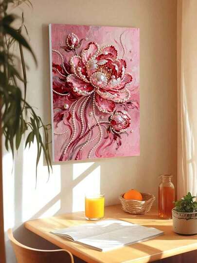 New Pearl Painting Pink Peony Flower Frameless DIY Handmade Sticky Diamond Creative Diamond Painting Kit, Suitable For Bedroom Decoration, Living Room Hanging Paintings, Room Decoration, Artwork, Birthday Gifts For Friends, Christmas, New Year, Valentine's Day, Holiday Gifts Full Of Novelty.