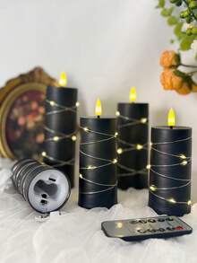 5/4/2pcs Set Black Battery Operated Flameless Candles With Remote Control Timer, Realistic Flickering Flame, Romantic Ambiance, For Tabletop, Bedroom, Party, Holiday Decor - Black String Lights - View 1