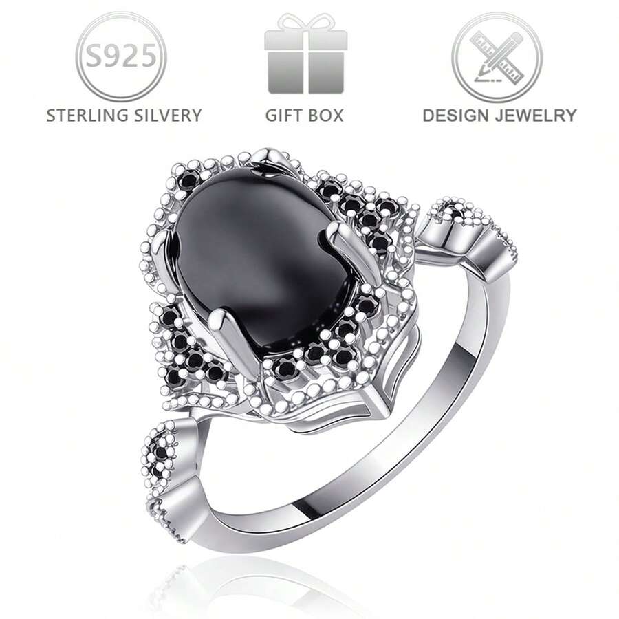 1 chiếc nhẫn bạc 925 kiểu cổ điển với đá giả mã não đen và đá cubic zirconia, thiết kế độc đáo dành cho nữ, phù hợp cho sử dụng hàng ngày, dịp lễ hội hoặc làm quà sinh nhật.