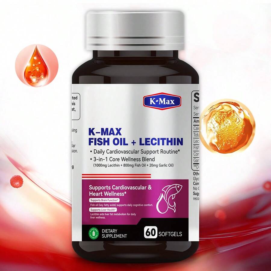 K-Max 2-In-1 Fish Oil & Lecithin Softgels - Omega-3 EPA DHA With Plant-Based Lecithin For Brain, Heart & Liver Health | 60 Servings - 1 Bottle – Starter Boost Pack - View 1