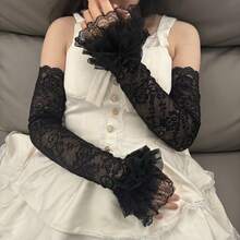 女士长款蕾丝露指袖 - 多层荷叶边蝴蝶结洛丽塔风格臂套 - 彩色 - 查看 4