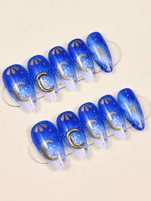 24Pcs Celestial Blue Marble Press-On Nails Almond Shape Fake Nails With Gold Moon & Star Pattern, Glossy Finish - Multicolor - View 3