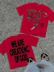 Unisex "We Are Creations Of God" Graphic T-Shirt, Double-Sided Rosary Cross Print 220G Cotton Y2K Streetwear Tee Y2K Dark Aesthetic Tee Breathable & Comfortable Cotton - 紅色 - 查看 1