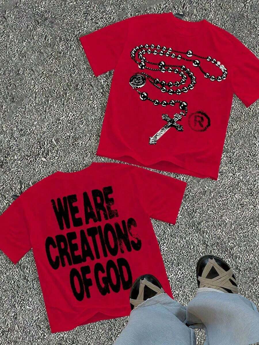 Unisex "We Are Creations Of God" Graphic T-Shirt, Double-Sided Rosary Cross Print 220G Cotton Y2K Streetwear Tee Y2K Dark Aesthetic Tee Breathable & Comfortable Cotton - 紅色 - 查看 1