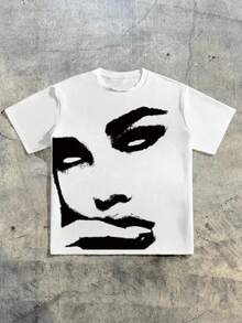 1 pieza Camiseta blanca holgada unisex con estampado de arte de rostro abstracto, adecuada para uso casual diario y de vacaciones - Blanco - Ver 1