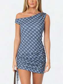 conciso Vestido de verano para vacaciones en la playa con cuello oblicuo, volantes y cordón, de malla a cuadros para mujer - Celeste - Ver 4