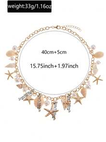 1pc Bohemian Ocean Life Starfish Shell Pearl Necklace, Suitable For Beach Vacation - Gold - View 4
